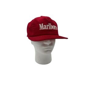 Vintage Marlboro Hat Cap Snap Back Red Corduroy Mens Cigarette Promo USA 80s